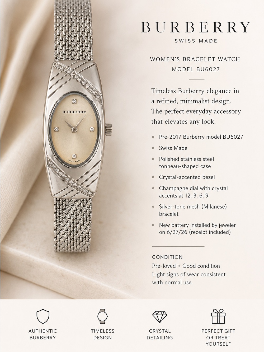 Burberry Silver Oval Dial Women's Bracelet Watch Swiss Made - Model BU6027